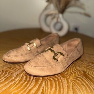 Tan Suede Loafers with Gold Accent